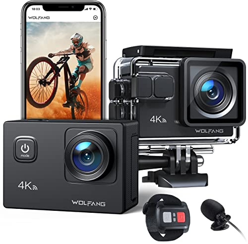 WOLFANG Action Cam 4K30FPS 20MP mit 32GB microSDXC Speicherkarte WiFi 40M Unterwasserkamera Wasserdicht EIS Actioncam Fernregler Mikrofon Zubehör Kit