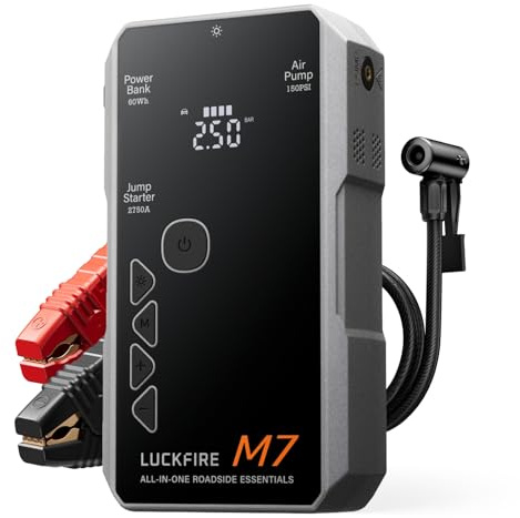 LUCKFIRE M7 TÜV-Zertifizierte Auto Starthilfe Powerbank für Pkw, SmartIgnition 12V Jump Starter Powerbank mit Kompressor, 60Wh Tragbarer Booster für bis zu 10-L Benzin- und 8,5-L Dieselmotoren