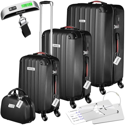 tectake® 4-teiliges Reisekoffer Kofferset inkl. Kofferwaage und Gepäckanhänger, 360° Rollen, Hartschalenkoffer mit Zahlenschloss, Koffer groß, ineinander stapelbar, Trolley Handgepäck - schwarz