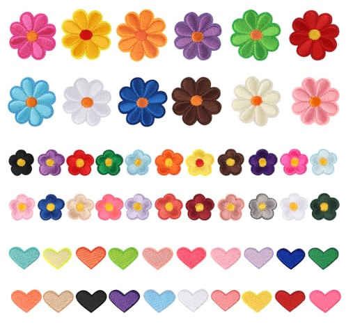 54 Stück Blumen zum Aufbügeln, Bestickte Blumen Aufnäher, Patches zum Aufbügeln, Gänseblümchen Stickerei Aufnäher für Kleidung, Jeans, Hüte, Hemden & Rucksäcke