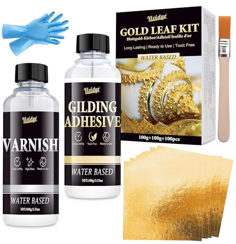 Blattgold Kleber Set 200g - Vergoldungsset mit Wasserbasierter Blattgoldkleber ＆ Schutzlack, Blattgold 100 Stück, Schnell Trocknender Blattgold Kleber zum Basteln, Kunst, Schmuck, Möbel und Malerei