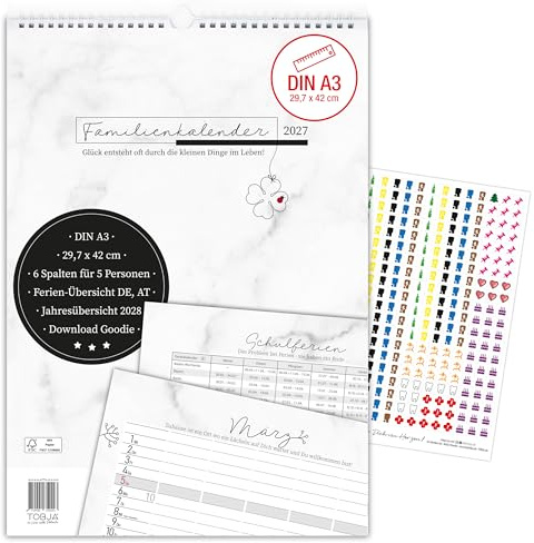 TOBJA® Familienkalender 2027 A3 mit 300 Stickern - 6 Spalten Familienplaner XXL für 5 Personen, Marmor-Design - Schulferien DE AT, Feiertage DE AT CH, Vorschau 2028 | Wandkalender 2027