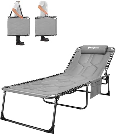 KingCamp Übergroße Sonnenliege Klappbar 5-Fach Verstellbar Gartenliege Liegestuhl Dreibeinliege Liege Campingliege mit Kopfkissen und Seitentasche bis 200 kg für Garten Urlaub Strand Pool 200 x 68 cm