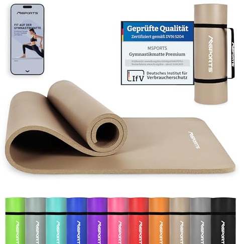 MSPORTS Gymnastikmatte Premium inkl. Tragegurt + Übungsposter + Workout App I Hautfreundliche Fitnessmatte 190 x 100 x 1,5 cm - Beige-Caramel - Phthalatfreie Yogamatte