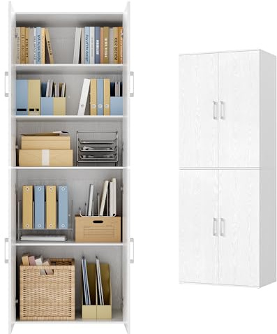 VASAGLE Mehrzweckschrank, mit 4 Türen, 5 Ablagen, 60 x 40 x 180 cm | Büroschrank, Aufbewahrungsschrank, Kleiderschrank, Holzspanplatte, mit Griffen, Schneeweiss, CUSTOS Kollektion OFC091WE01
