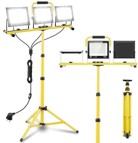papasbox 300W LED Baustrahler mit Stativ Stecker und Schalter | Baustellenlampe 6500K Kaltweiß Baustellenstrahler | IP66 Wasserdicht Arbeitsleuchte 300W 150W 90W Baulampe für Werkstatt Baustelle