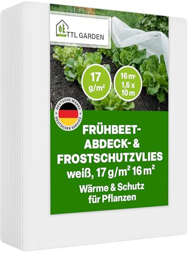 TTL GARDEN 16m² 1,6m x 10m Frühbeetvlies 17g/m² - atmungsaktives Wachstumsvlies Hochbeetvlies Frostschutz für Beet, Abdeckvlies, Insektenschutz Vlies für Beete zum Schutz vor Frost & Schädlingen