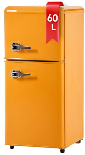 DRIXNO Retro-Kühlschrank. Gefrierkombination. 86,8 cm hoch, 45,5 cm breit, zweitürig, mit 60 Liter Gesamtvolumen, 22 Liter Gefriervolumen. 163 kWh/Jahr, -27°C ∽ 13°C,LED-Licht