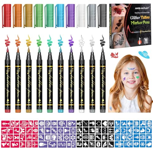 Tattoo Stifte Kinder, 10 Stück Glitzer Tattoos Set Tattoostifte für Kinder | 8 Blätter 92 Tattoo Henna Schablonen, Temporäre Glitzertattoos Kinder Tattoo Stift für Mädchen Erwachsene Geburtstage Party