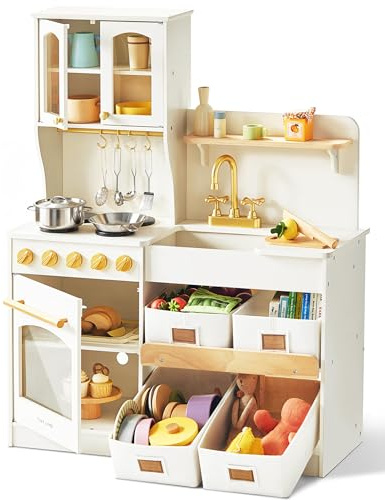 Tiny Land Kinderküche aus Holz mit Zubehör, Spielküche mit Spüle, Herd, Kühlschrank und Regalen