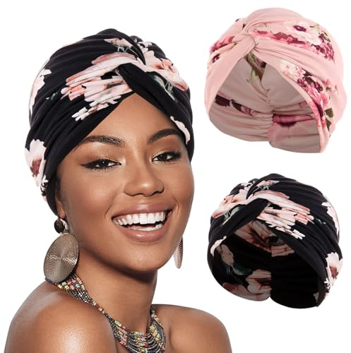 XEPST 2 Stücke Frauen Chemo Hüte Turban Damen Chemotherapie Krebs Hut Vorgebunden Beanie Kopfbedeckung Plissee Mütze Weich Turban Kopfwickel Kappe Haarausfall Hut für Frauen