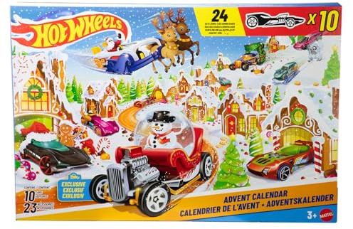 Hot Wheels Spielzeugautos und Spielset, Adventskalender 2025 mit 10 Fahrzeugen im Maßstab 1:64, 10 Clips zum Befestigen und 14 winterlichen Zubehörteilen, JCB47