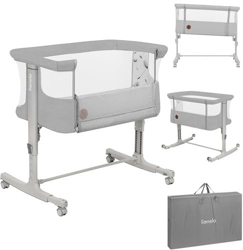 Lionelo Aurora 3 in 1 Babybett bis 9 kg, Beistellbett, Wiege, Höhenverstellug und Einstellung der Neigung der Matratze, 4 Räder mit Bremse Ergonomische Matratze Tasche