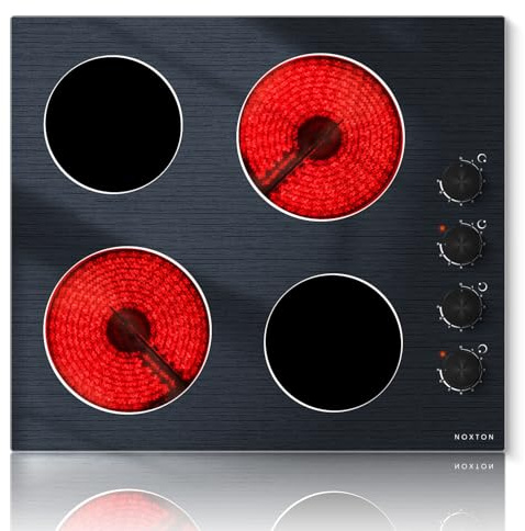 Keramikochfeld 4 Platten mit Knopfsteuerung, Glaskeramikkochfeld 60cm,6000W | Elektrokochfeld Einbau 4 Zonen mit 9 Leistungsstufen, 220V-240V, Kein Stecker