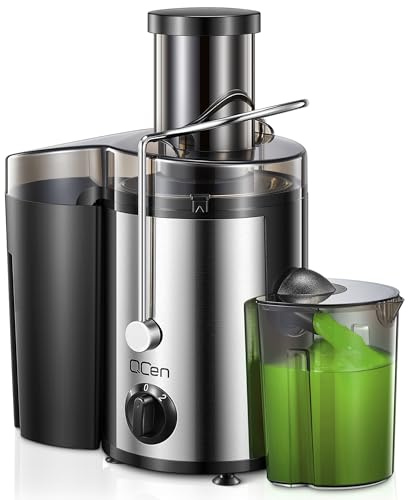 QCen Entsafter, Zentrifugal-Entsafter mit 76MM-Einfüllschacht, leicht zu reinigen, Edelstahl, lebensmittelecht, ideal für Obst und Gemüse(Sliver, 500W)