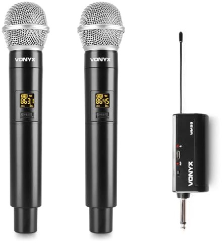Vonyx WM552 - Funk Mikrofon drahtlos, Doppel Set, Wireless UHF Microphone, kabelloses Mikrofonsystem, Akku Empfänger mit 6,3mm Klinke, Karaoke Funkmikrofon - Schwarz