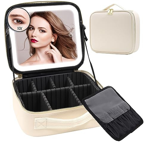 Reisekosmetiktasche mit beleuchtetem Spiegel, unterteilbare Kosmetiktasche Kosmetiktasche mit 3 Farbmodi dimmbaren Lichtspiegel, wasserdichte PU Leder Make up Organizer Tasche