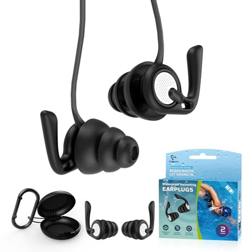 Schwimm Ohrstöpsel, 2 Paar wasserdichte Silikon Ohrstöpsel mit Verbindungskabel & Etui – Wiederverwendbar für Schwimmen, Duschen, Baden, Surfen & Pool – Für Erwachsene & Kinder ab 8 Jahren(Schwarz)