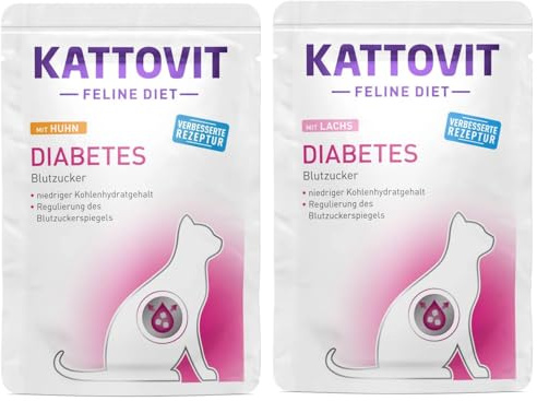 Kattovit Feline Diet Diabetes/Gewicht 20 x 85 g Bundle | Diät-Nassfutter für Katzen mit Diabetes | 10x Huhn & 10x Lachs | fettarm | ballaststoffreich | mit L-Carnitin für Gewichtsmanagement