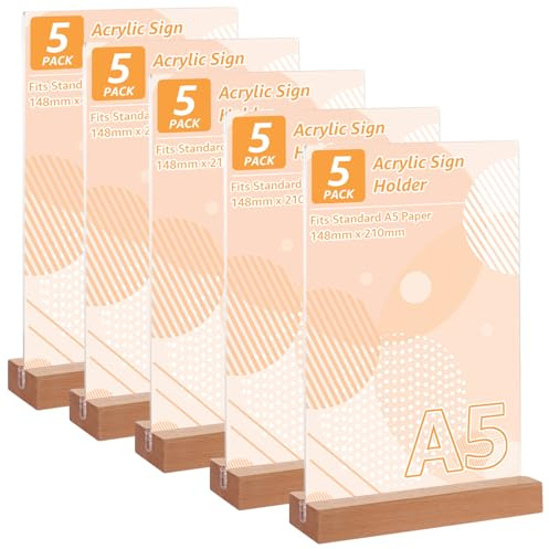 LDHHYH 5 Stück Tischaufsteller A5, A5 Aufsteller Holz, Werbeaufsteller mit Holzsockel, Tischständer T-Form Hochformat, Doppelseitig Schildhalter, Acryl Aufsteller für Restaurants,Büro, Cafe, Shop