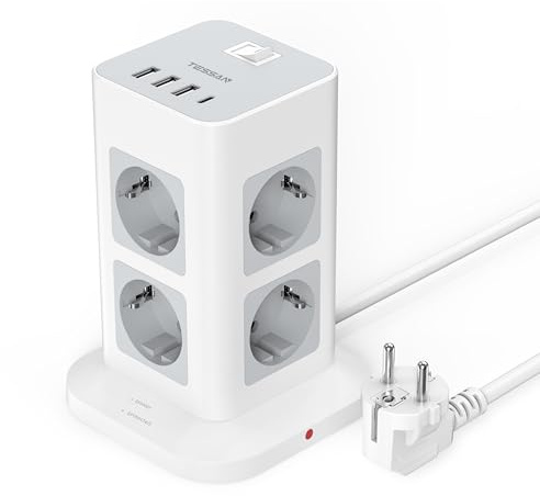 TESSAN 8 Fach Mehrfachsteckdose mit USB C, Verlängerungskabel 2M mit 4 USB und Steckdosenleiste Überspannungsschutz, 3600W Steckdosenturm mit Schalter, Steckdosenwürfel für Büro, Grau