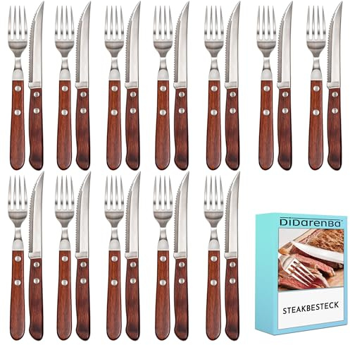 Steakbesteck edelstahl holz set 24 teilig mit 12 teilig Steakmessern und 12 teilig Steakgabeln