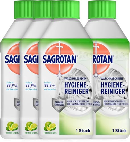 Sagrotan Waschmaschinen Hygiene-Reiniger Frische Limette – Maschinenreiniger für eine hygienische Waschmaschine – 4 x 250 ml