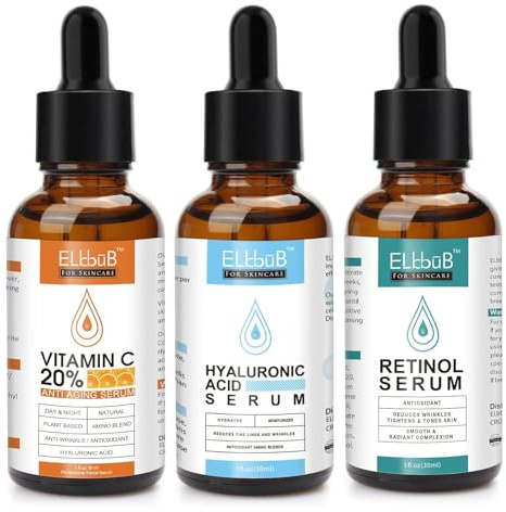 Bio Gesichtspflege Set mit Vitamin C und Retinol Serum, Hyaluronserum, Glow Booster, Aufhellen, Dermaroller geeignet - Vegane Naturkosmetik