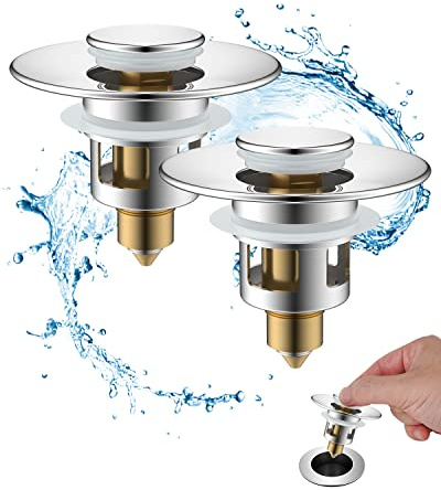 Hibbent Pop-Up 2 PCS Waschbeckenstöpsel (25–46 mm), Chrom | Ablaufgarnitur aus Messing mit Druckknopfverschluss und Sieb, passend für Waschbecken und Spüle in Bad und Küche