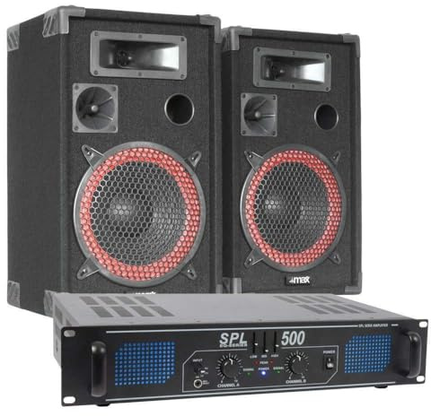 MAX DJ PA Lautsprecher- & Verstärker-Set 500 W – Passives 3-Wege Lautsprecher Boxen Paar 8″, SPL-500EQ 2×250 W Amp mit 3-Band-EQ, RCA & 3,5 mm Line-In, 10 m Kabel, Party- & DJ PA Anlage Komplettset