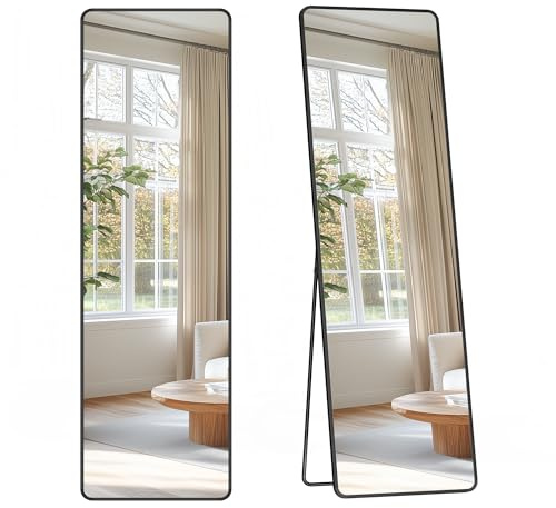 SONGMICS Ganzkörperspiegel, 150 x 40 cm, rechteckiger Standspiegel, Rahmen aus Aluminiumlegierung, Hartglas, für Schlafzimmer, Wohnzimmer, Garderobe, tintenschwarz LFM034B01