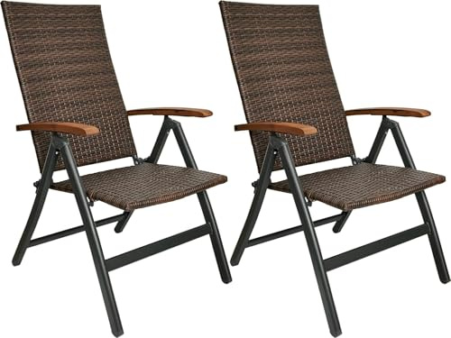 BRUBAKER 2er Set Polyrattan Gartenstuhl Modena - Hochlehner | Klappstuhl aus Metall und Poly Rattan klappbar - 7-Fach verstellbare Rückenlehne - wetterfester Faltstuhl - Braun Grau