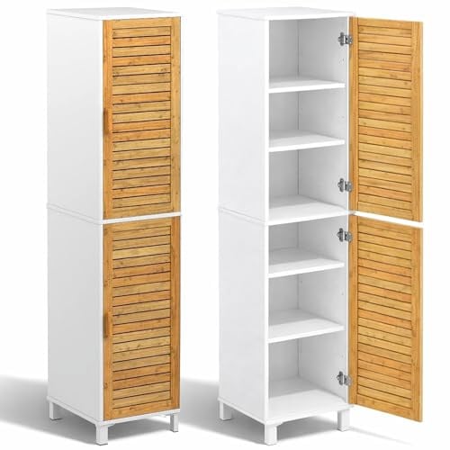 Badregal Hochschrank freistehend | Wandschrank MDF und Bambus Echtholz Aarhus | Badschrank 40 x 30 x 190 cm (B x T x H)