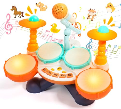 Jerryvon Schlagzeug Kinder Montessori Spielzeug ab 1 Jahr Trommel Kinder Musikinstrumente Baby Spielzeug 1 Jahr Lernspielzeug Geschenk Geburtstagsgeschenk für Kinder von 1-3 Jahren (6 IN 1)
