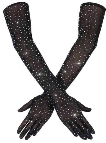 Yolev Lange Handschuhe Strass Tüll Netzhandschuhe Kostüm Teeparty Zubehör Damen Ellbogenlänge Netz Armstulpen Opernbraut Karneval Halloween Party Glitzernde Tüll Handschuhe