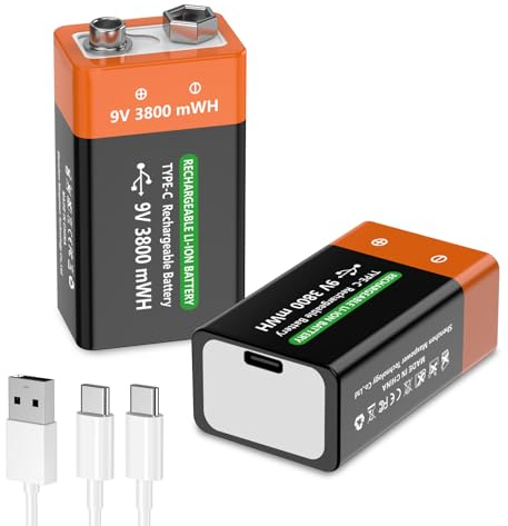 MIGAFEI USB Wiederaufladbare 9V Batterien 9 Volt blockbatterie akku 3800 mWh mit 2 in 1 Ladekabel, Batterie für Rauchmelder, Feuermelder, Warnmelder, Musikinstrumente, Spielzeug und mehr