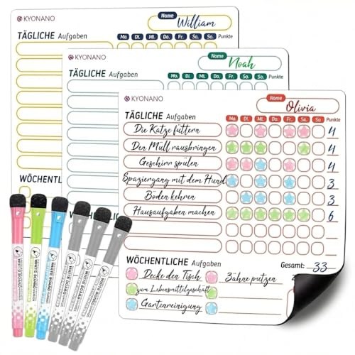 KYONANO 3er Belohnungstafel Kinder mit 6 Stifte - 22x22cm Magnetisch Aufgabenplaner Kinder Abwischbar - Haushaltsplan Familie für Mädchen und Jungen - Tagesablauf, to Do List Board für Kühlschrank