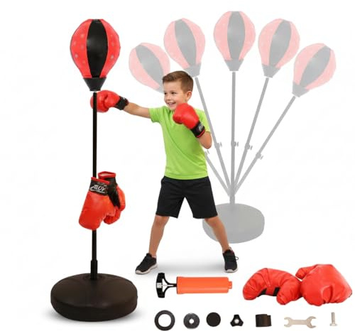 Melko Standboxsack Punchingball Punching Training mit Boxhandschuhe, verstellbar, Rot Silber Schwarz, Ball Ø24 cm