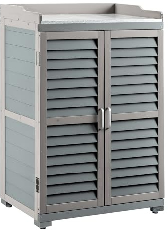 Wiltec Gartentisch mit Unterschrank und Arbeitsplatte, grau, Pflanztisch mit Schutzleisten für Gartenarbeiten, Holzschrank Werkzeugschrank Arbeitstisch für Garten