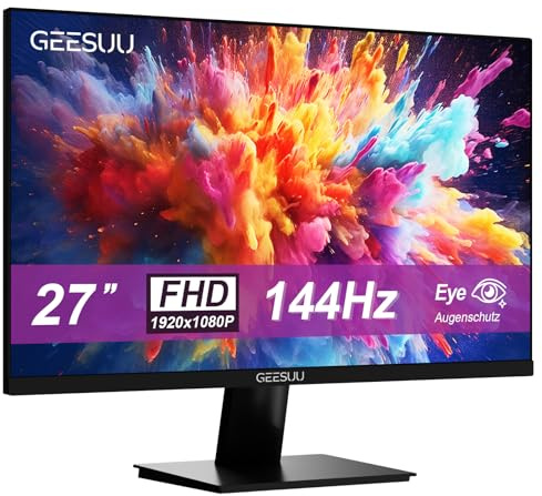 GEESUU 27 Zoll Monitor 144Hz, 1080p PC Gaming Monitors with VA, 99% sRGB, VESA 75x75mm, Eye Care Screen with HDMI 2.0 & DP 1.4