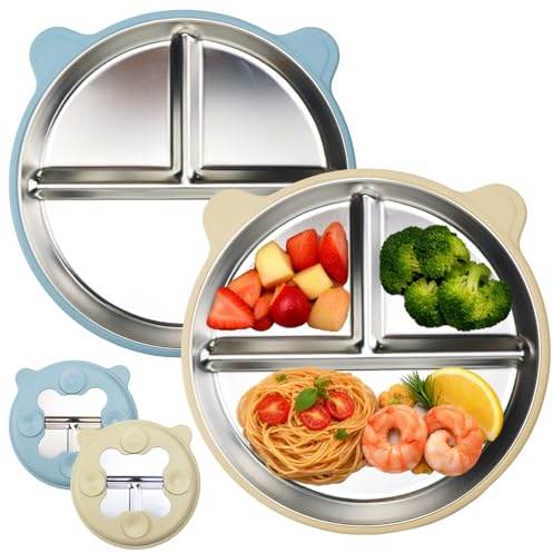 2er Set Edelstahl Teller Baby mit Saugnapf, Kinderteller mit Saugnapf, Abnehmbare Silikonhülle, Rutschfest & BPA-frei, Spülmaschinenfest, Geteilter Kinderteller Edelstahl für Selbstständiges Essen