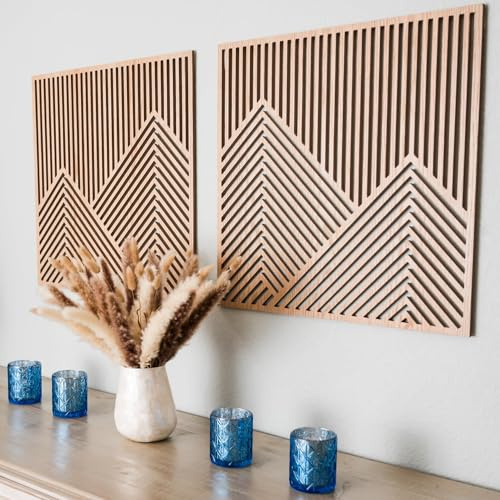 SnugLife 2 Stück Holz Berg Wandkunst - Moderne Holzpaneel Berg Wanddekoration, Dekorative Wald Natur Abstrakte Linie Minimalistische Wandkunst für Wohnzimmer Schlafzimmer Bauernhaus - Groß 59,7 x 59,7