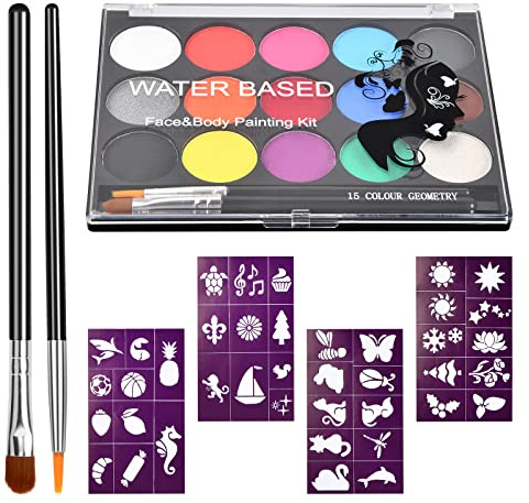 Vesaneae Schminkfarben, Bodypaint, 15 Farben Schminkpalette, mit Pinsel und Schablonen, Wasserbasiert und Ungiftig für Kunstausstellung Halloween Party Colsplay Makeup Body Festliche Gesichtsfarbe