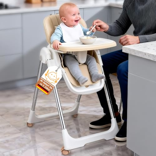 Soontrans Hochstuhl Baby, Sicher am Familientisch zum Essen Spielen Entdecken, Mitwachsend Ab Geburt bis Kleinkind, Liegeposition & Höhenverstellbar & Klappbar, aus Metallrahmen & Gepolstert (Beige)