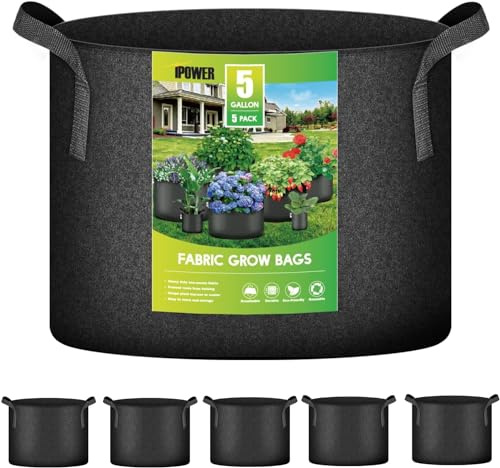 iPower 15L 5er-Pack Grow Bags Stoff Belüftungstöpfe Behälter mit Riemengriffen für Kindergarten und Pflanzen (schwarz), 5-Pack 5 Gallon, 5 Gallonen
