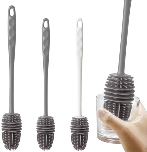 3er Set Flaschenbürste Silikon, Effiziente Flaschenreiniger für Enge Öffnungen, Lang 28 cm 32 cm mit Hygienischen Silikonborsten Grau Weiß