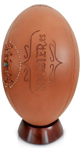 RUGBIER – Vintage Rugbyball aus Leder + Holz-Tee - Größe 5 - Dekoratives Sammlerstück für Fans und Spieler - Traditionelles Design mit Lasergravur