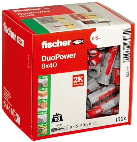 fischer DuoPower 8 x 40, Universaldübel, leistungsstarker 2-Komponenten-Dübel, Kunststoffdübel zur Befestigung in Beton, Ziegeln, Stein, Gipsbauplatten uvm., ohne Schrauben, 100 Stück