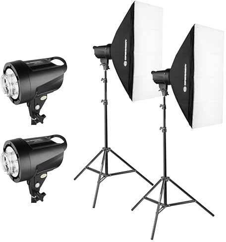 Bresser Studioblitz Set 200 Watt BRT-200 mit 50x70cm Softboxen mit Diffusor, Innendiffusor und Lampenstativen 160cm