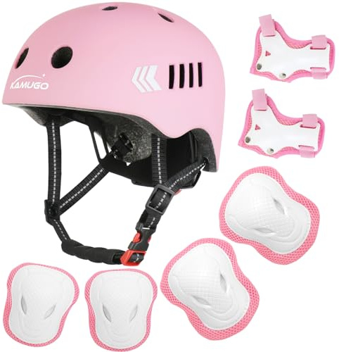 KAMUGO Kleinkind-Fahrradhelm-Set, Kinderhelm für Jungen und Mädchen im Alter von 1–8 Jahren, mit Schutzausrüstung, Knie-, Ellenbogen-, Handgelenkschoner für Roller, Skate, Fahrrad, Skateboard